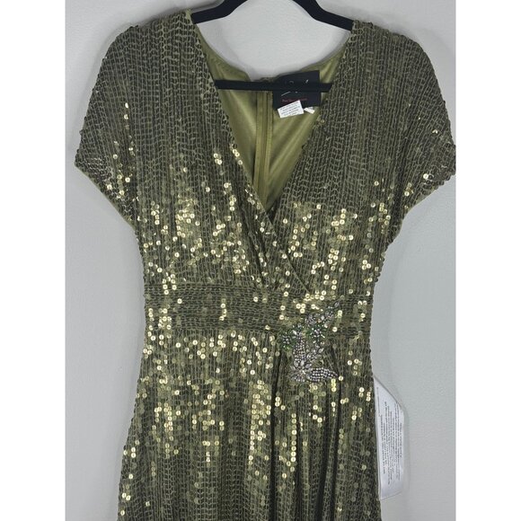 MAC DUGGAL Sequin Empire Waist Butterfly Sleeve A-Line Gown Olive Green Size 4 - Picture 4 of 7